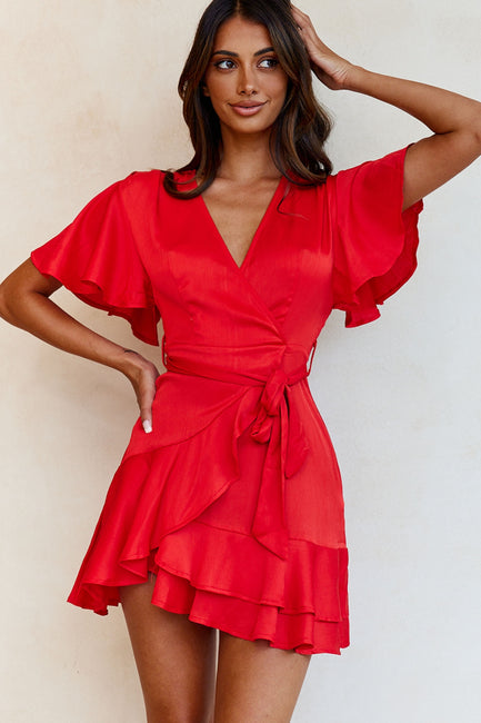 Shop the Cami Angel Sleeve Faux Wrap Dress Red | Selfie Leslie