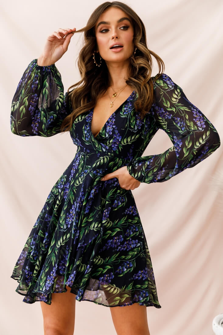 Shop the Wisteria Lane Long Sleeve Tea Dress Navy Selfie Leslie