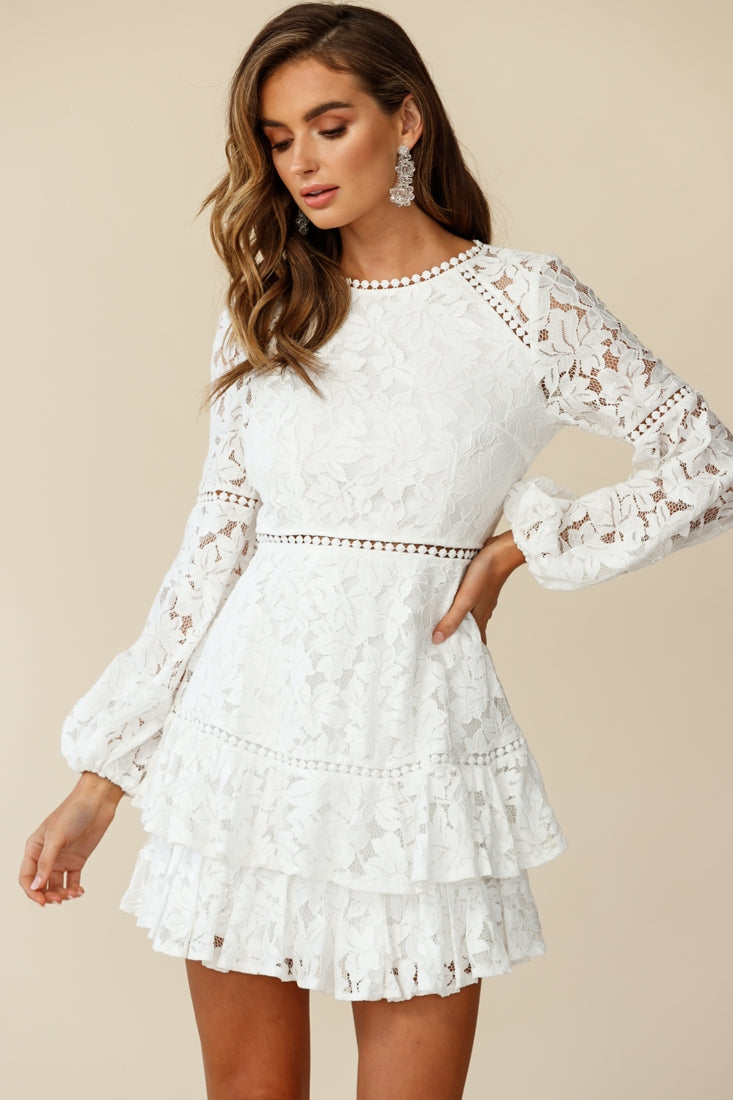 Dresses  White Sheer Floral Lace Insert Ruffle Hem Cami Dress