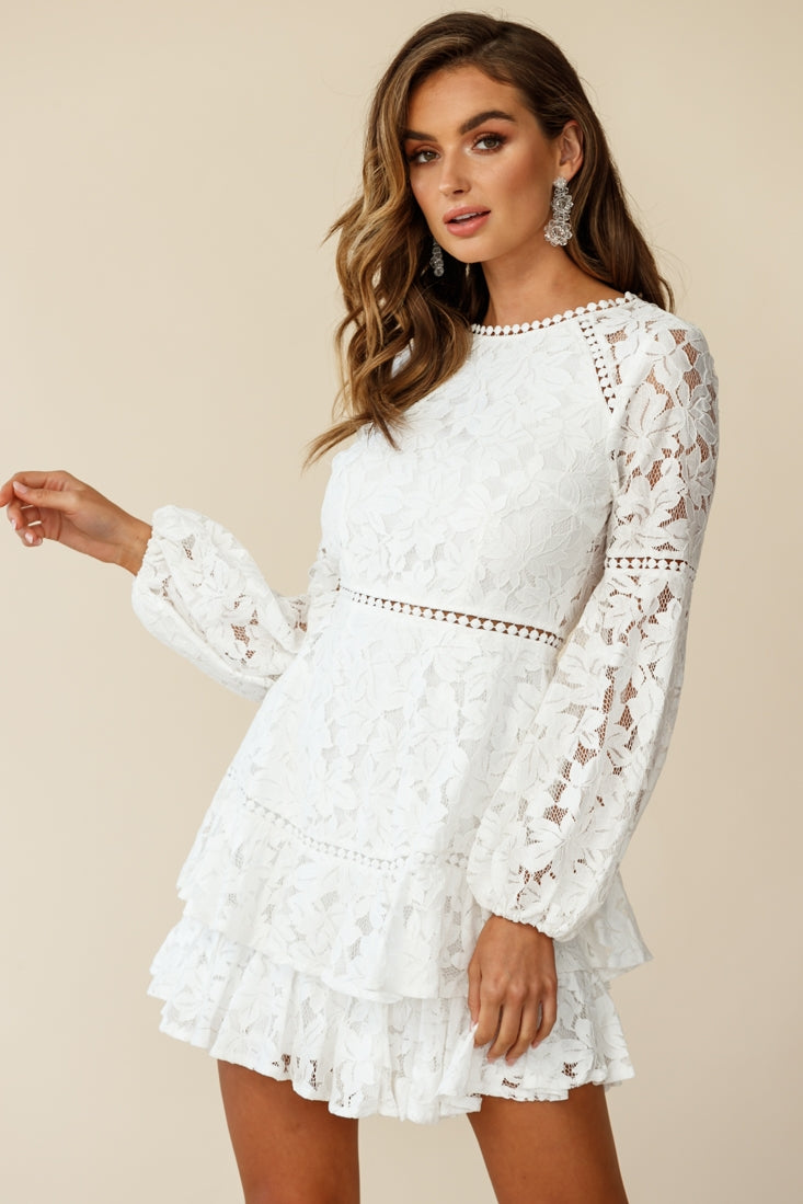 Shop the Henrietta Lace Overlay Long Sleeve Ruffle Dress White | Selfie ...