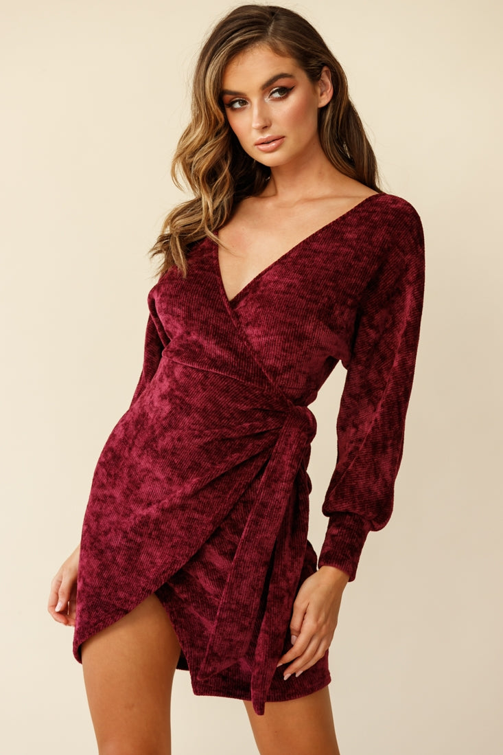 Shop the Isolde Ribbed Velour Wrap Dress Plum | Selfie Leslie