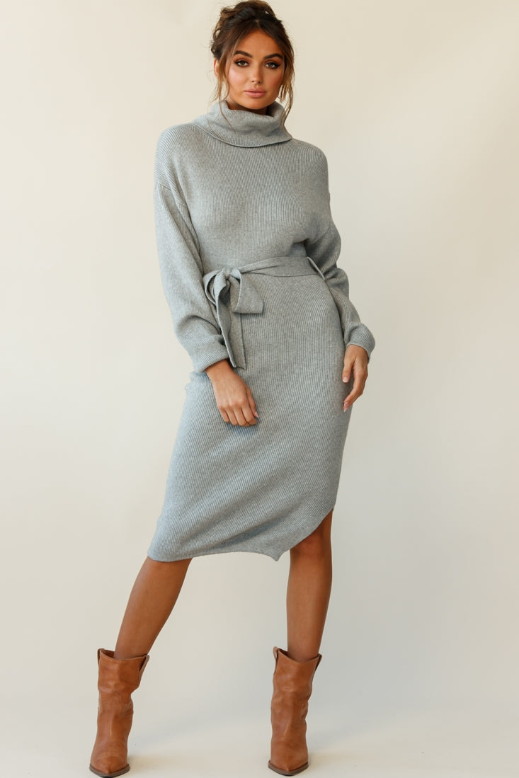 Shop The Marco Long Sleeve Turtleneck Knit Midi Dress Grey Selfie Leslie