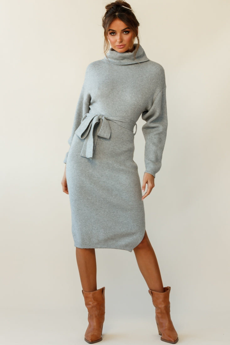 Shop The Marco Long Sleeve Turtleneck Knit Midi Dress Grey Selfie Leslie