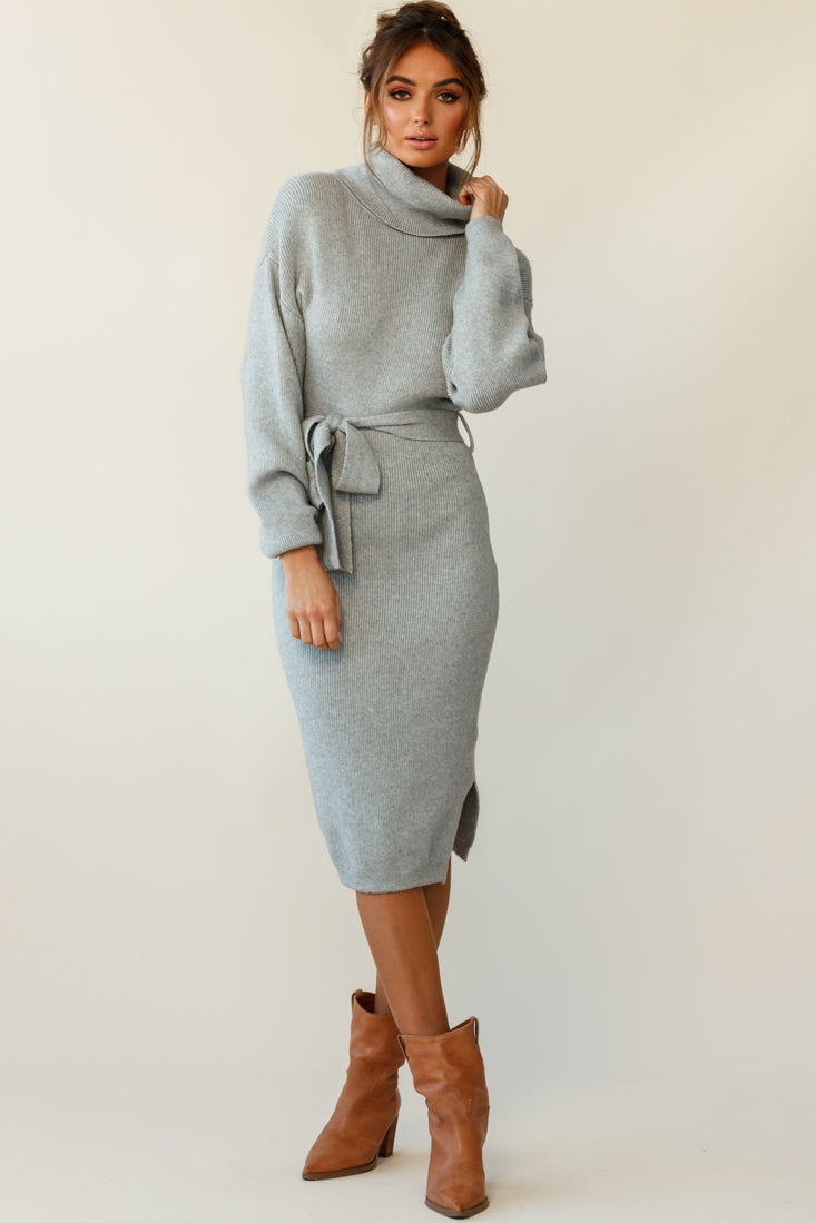 Shop The Marco Long Sleeve Turtleneck Knit Midi Dress Grey Selfie Leslie