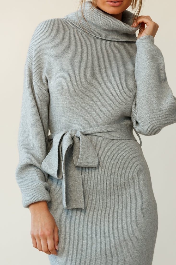 Shop The Marco Long Sleeve Turtleneck Knit Midi Dress Grey Selfie Leslie