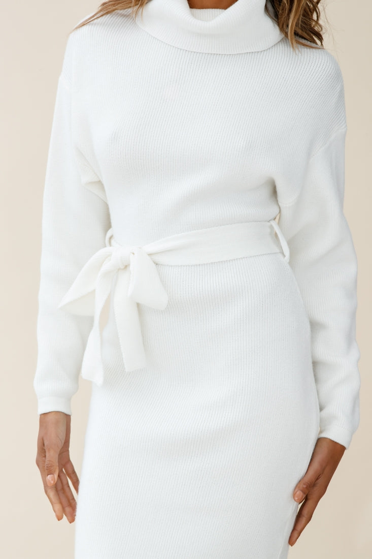 Shop The Marco Long Sleeve Turtleneck Knit Midi Dress White Selfie Leslie